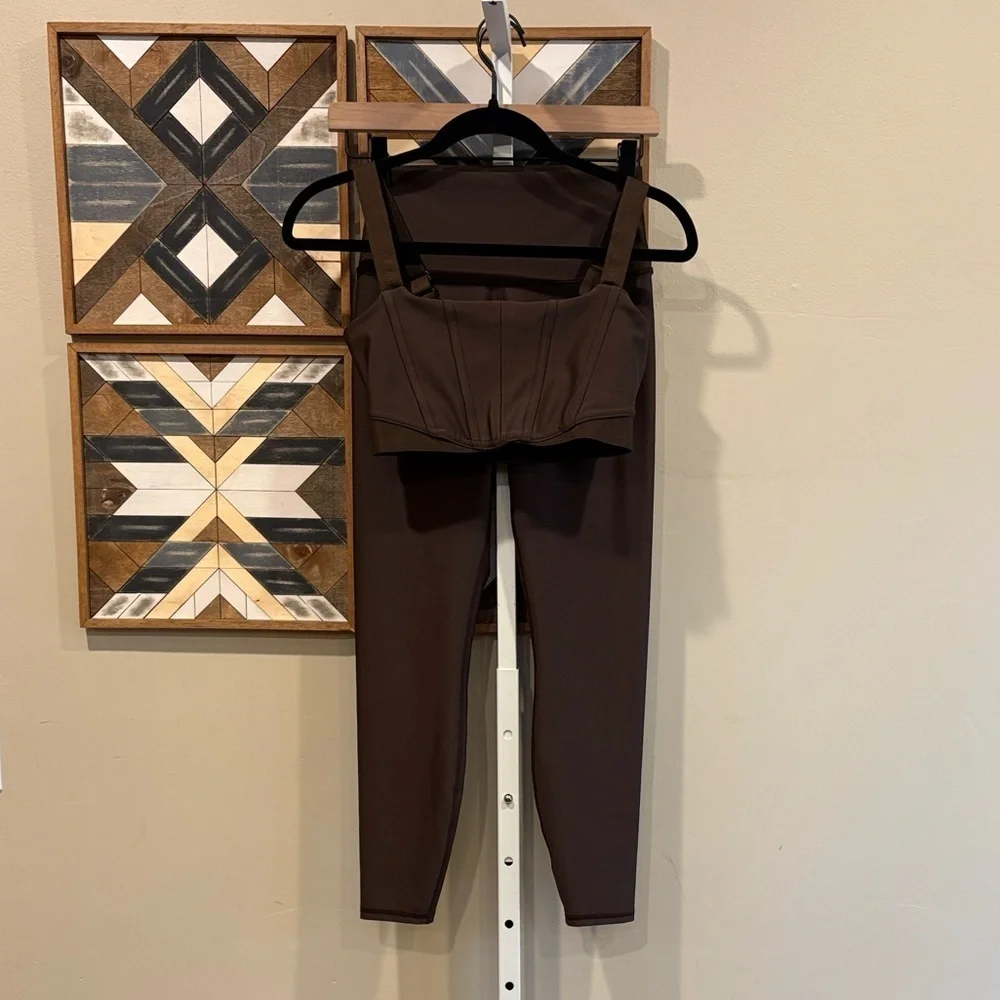 ALO Yoga 7/8 High-Waist Airlift Legging + Corset Bra Set Espresso Brown sz Small